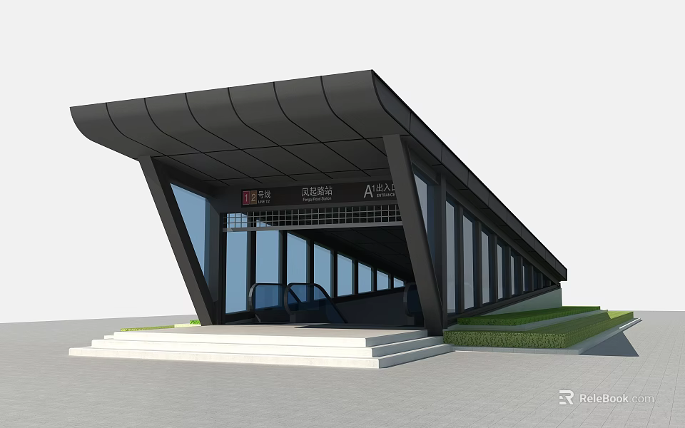 Modern Bus Station Design With Black Roof Glass Walls Steps And Signage 3d model 