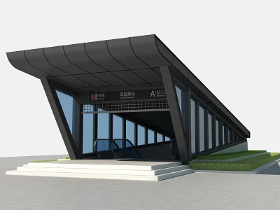 Modern Bus Station Design With Black Roof Glass Walls Steps And Signage 3d model