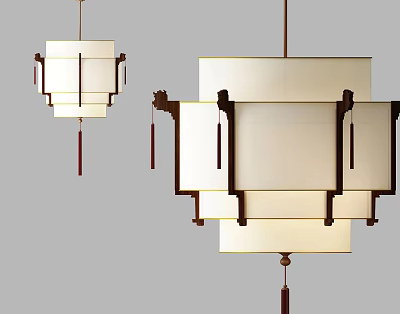 Traditional Chinese Wooden Chandelier With White Lampshade And Hanging Tassel Decorations 3d model