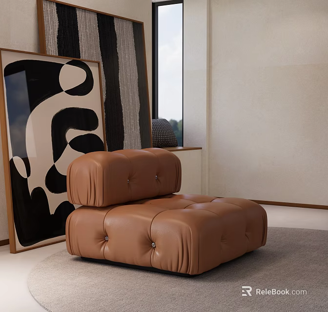 Modern Brown Leather Single Sofa With Button Tufted Design And Abstract Wall Art 3d model