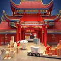 Red Traditional Chinese Architecture with Golden Decorations Door to Door Delivery Packages and White Cartoon
