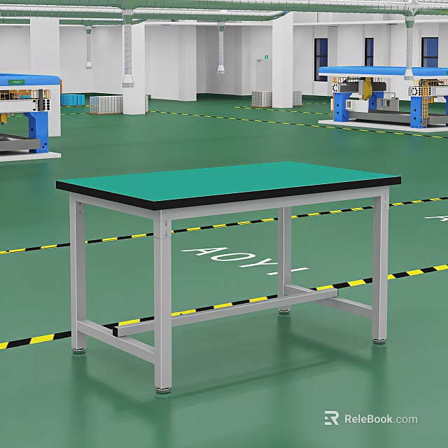 Functional Workbench With Green Tabletop And Metal Frame In Factory Environment 3d model 