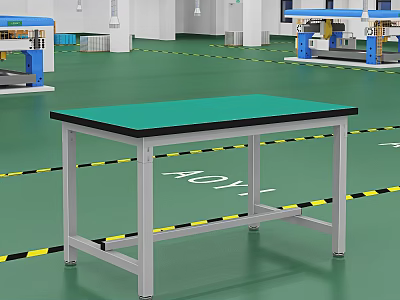 Functional Workbench With Green Tabletop And Metal Frame In Factory Environment 3d model