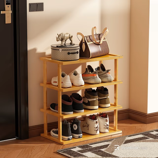 Wooden Four Tier Shoe Rack With Casual Shoes Handbag And Decorative Ornament In Corner 3d model 