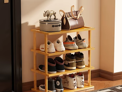 Wooden Four Tier Shoe Rack With Casual Shoes Handbag And Decorative Ornament In Corner 3d model