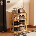 Wooden Four Tier Shoe Rack With Casual Shoes Handbag And Decorative Ornament In Corner