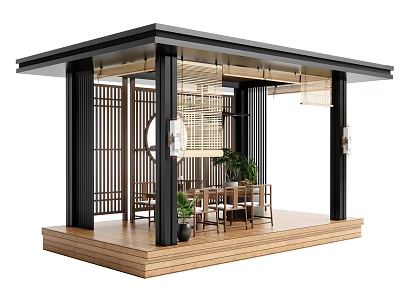 Modern Pergola Design With Black Columns Wooden Platform Dining Furniture And Green Plants 3d model