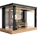 Modern Pergola Design With Black Columns Wooden Platform Dining Furniture And Green Plants