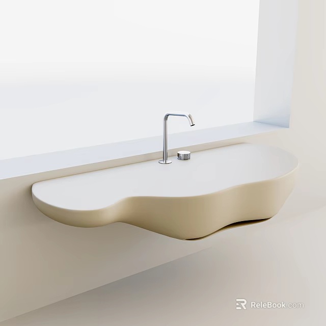 Cream Colored Irregular Shape Wall Mounted Washbasin With Silver Faucet On Light Colored Wall 3d model 