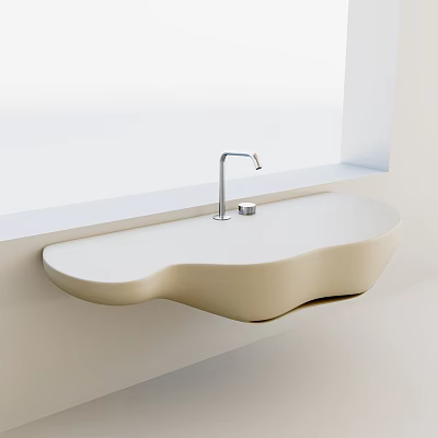 Cream Colored Irregular Shape Wall Mounted Washbasin With Silver Faucet On Light Colored Wall 3d model