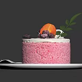 Pink cream cake with fresh peach blueberries on white plate and silver fork
