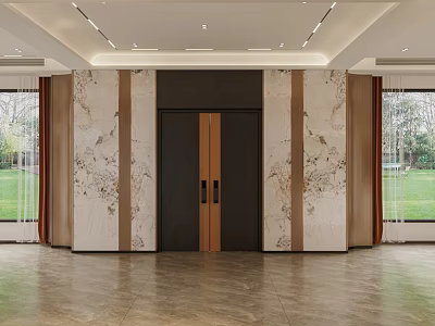 Modern Living Dining Room Interior With Marble Walls Dark Wooden Door And Large Windows 3d model