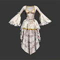 Elegant White Dress with Gold Trim and Lace Details Flared Bell Sleeves Layered Asymmetric Hem