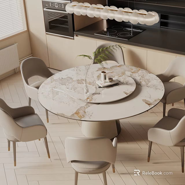 Modern Round Marble Top Dining Table Set With Light Gray Chairs 3d model