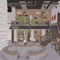 Traditional Japanese Tea House Interior With Circular Stone Platform Tatami Seats Green Tree And Staircase