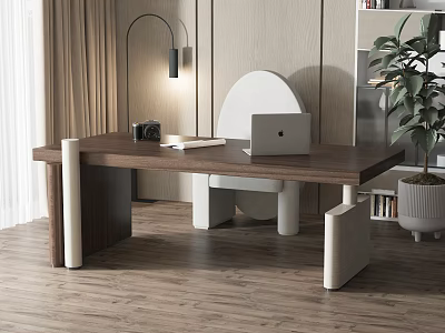 Modern Wooden Desk With Laptop Camera Notebook And White Chair Floor Lamp Bookshelf Plant 3d model