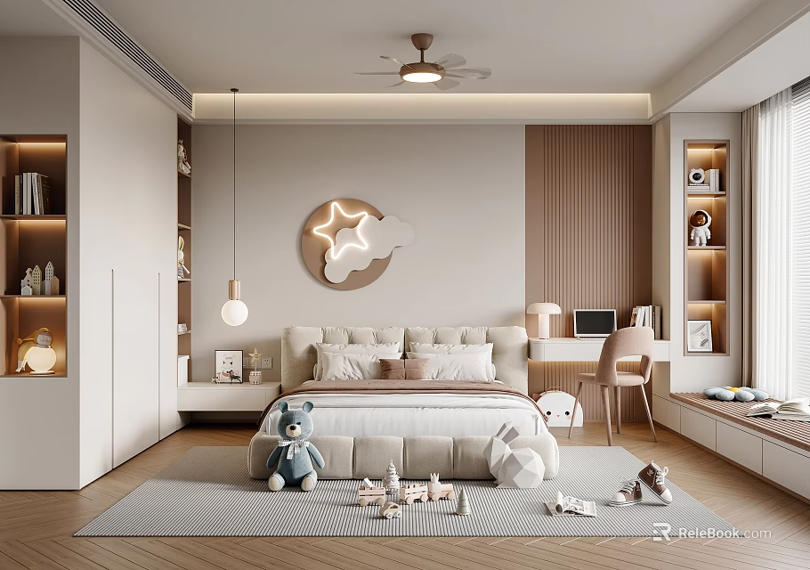 Cozy Kids Room Interior With Bed Stuffed Teddy Bear Rug Desk Chair Star Wall Decor 3d model 