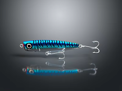 Blue and Black Striped Lifelike Fishing Lure With Reflective Surface And Fish Hooks 3d model