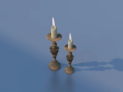 Two White Lit Candles On Wooden Carved Candle Holders With Blue Background 3d model