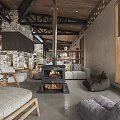 Rustic Restaurant Interior With Wooden Ceiling Tables Chairs Stone Wall And Open Bar Counter