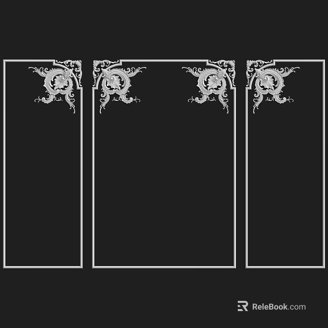 Set Of Four Ornate White Decorative Components On Black Rectangular Frames 3d model 
