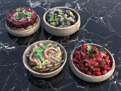 Colorful Vegetable Salads in Clay Bowls on Marble Countertop with Fresh Herbs 3d model