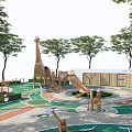 Children's Play Area With Colorful Circular Patterns Trees And Play Structures
