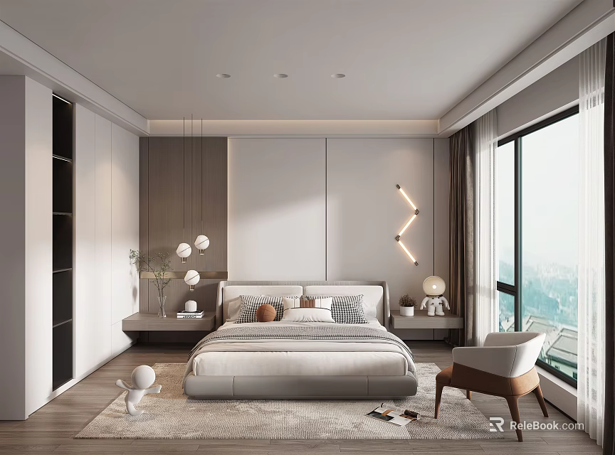 Modern Bedroom Interior Design With Bed Pendant Lights Wall Lamp Large Window And Rug 3d model 