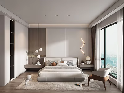 Modern Bedroom Interior Design With Bed Pendant Lights Wall Lamp Large Window And Rug 3d model