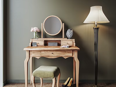 Wooden Dressing Table With Round Mirror Flower Vase Green Stool And Floor Lamp 3d model