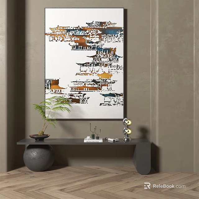Modern Interior Decor Featuring Colorful Architectural Painting Green Plant And Console Table 3d model 