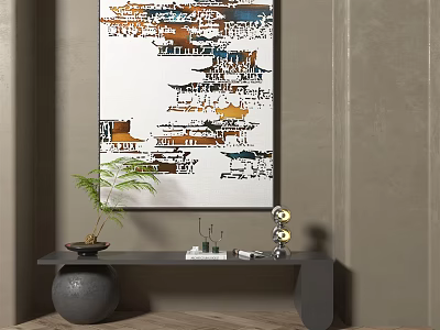 Modern Interior Decor Featuring Colorful Architectural Painting Green Plant And Console Table 3d model