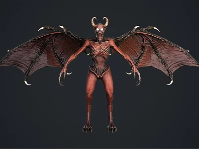 Horned Demonic Creature In Standing Pose With Bat Like Wings Sharp Claws And Skeletal Body 3d model