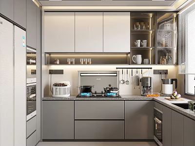 Modern Kitchen Interior With Gray Cabinets Countertop Appliances Lighting And Wall Mounted Cookware 3d model
