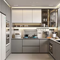Modern Kitchen Interior With Gray Cabinets Countertop Appliances Lighting And Wall Mounted Cookware