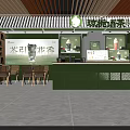 Modern Bubble Tea Shop Interior With Green Counter And Wooden Seating Area