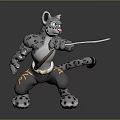 Anthropomorphic Snow Leopard Character Holding Sword in Battle Stance with Spotted Fur and Decorative Patterns