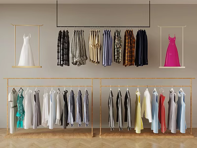Stylish Clothes Hanging On Gold Display Racks With Various Styles And Colors 3d model