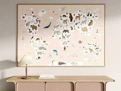 World Map with Various Animals Hanging on Wall Above Wooden Cabinet with Lamp and Book 3d model