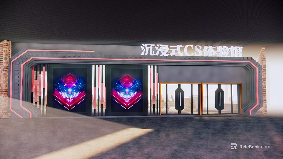 Immersive CS Experience Hall Storefront with Large Colorful Neon Patterns and Glass Entrance Design 3d model 