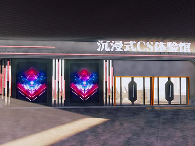 Immersive CS Experience Hall Storefront with Large Colorful Neon Patterns and Glass Entrance Design 3d model