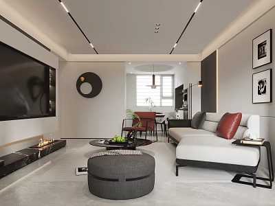 Modern Sleek Minimalist Living Room With Cozy Sofa Round Ottoman And No Main Lamp Design 3d model