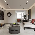 Modern Sleek Minimalist Living Room With Cozy Sofa Round Ottoman And No Main Lamp Design
