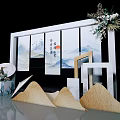 Chinese Style Decorative Display Featuring Screen with Landscape Art Fans Floral Arrangements and Mountain Decor