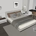 Modern Double Bed with Multiple Pillows Nightstands Wooden Desk Accent Chair and Area Rug
