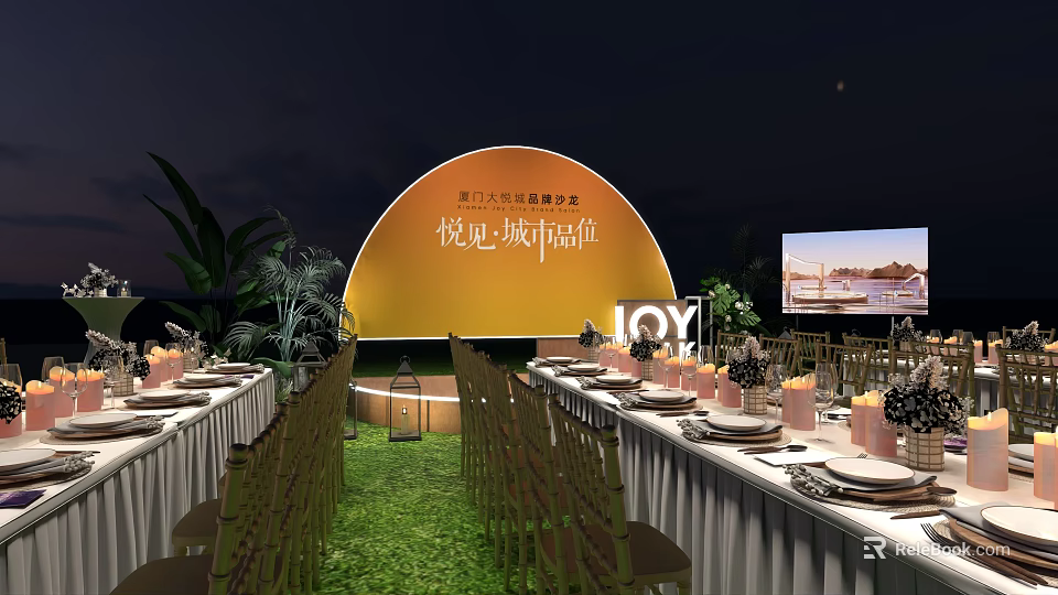 Elegant Outdoor Night Banquet Setup With Long Tables Green Lawn And Yellow Backdrop 3d model 