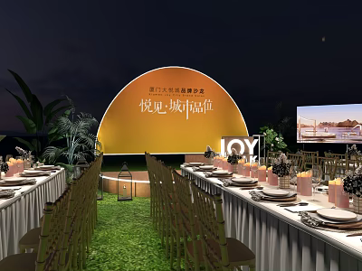 Elegant Outdoor Night Banquet Setup With Long Tables Green Lawn And Yellow Backdrop 3d model
