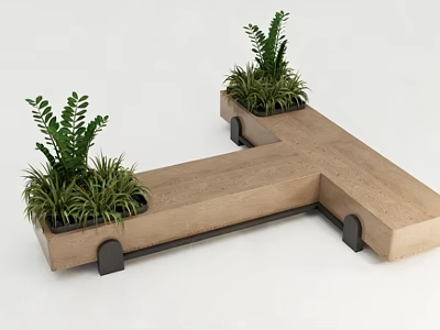 L Shaped Wooden Landscape Seat With Planter Boxes Green Plants And Support Legs 3d model