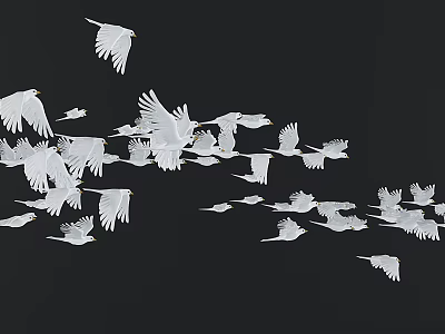 Graceful Flock of White Flying Birds Soaring Against Black Background 3d model