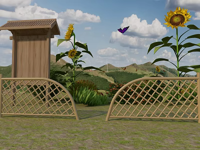 Wooden Trellis Fence with Sunflowers Butterfly and Cabin Under Blue Sky Mountain View 3d model